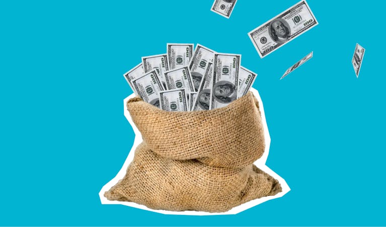 Burlap sack filled with hundred dollar bills against a clean blue background, symbolizing wealth and savings.